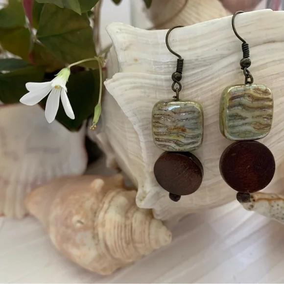 Earthy Drop Earrings Nature Inspired green Glass and Wood Beads Antiqued Style - Picture 4 of 10